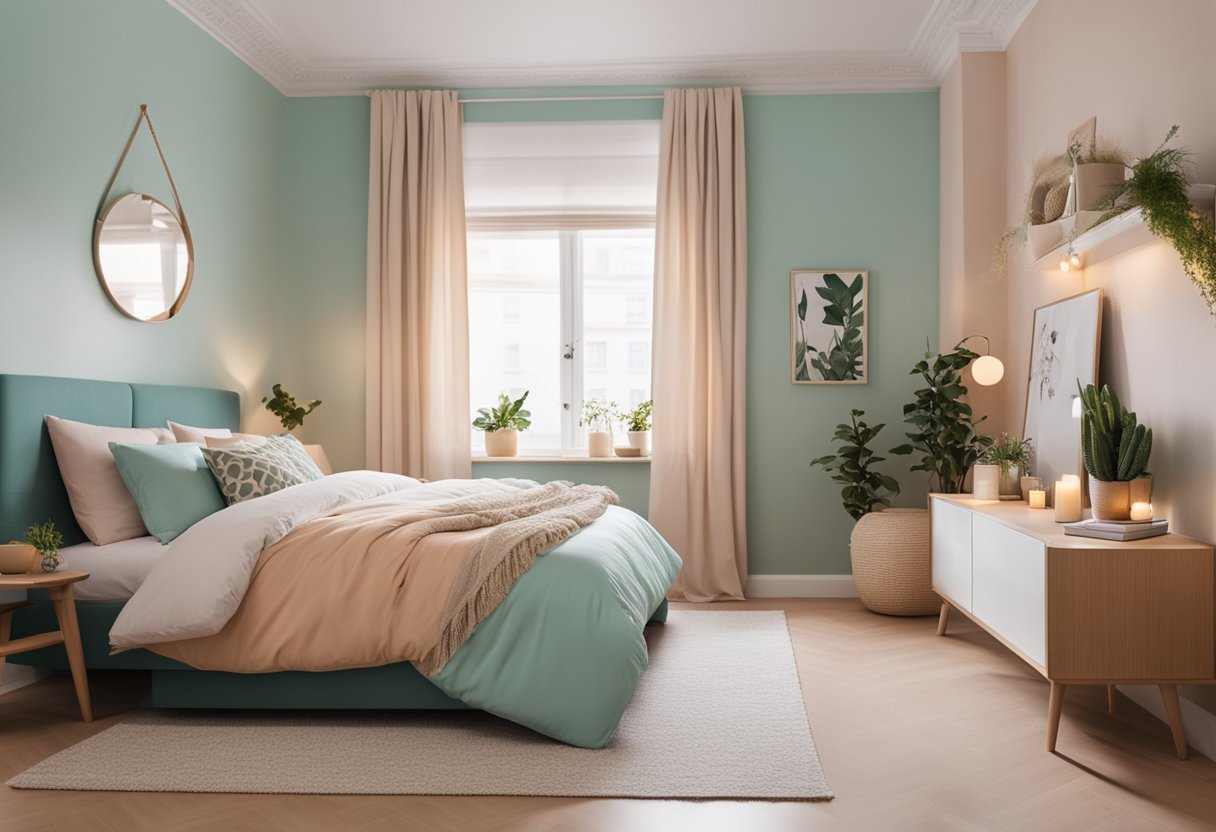 A cozy, tiny bedroom with soft pastel walls, a warm neutral floor, and pops of vibrant colors in the bedding and decor