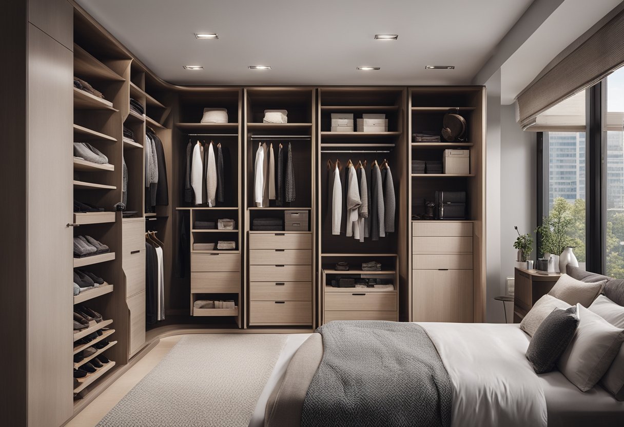 A sleek, modern bedroom wardrobe with organized shelves, hanging rods, and stylish accessories neatly displayed