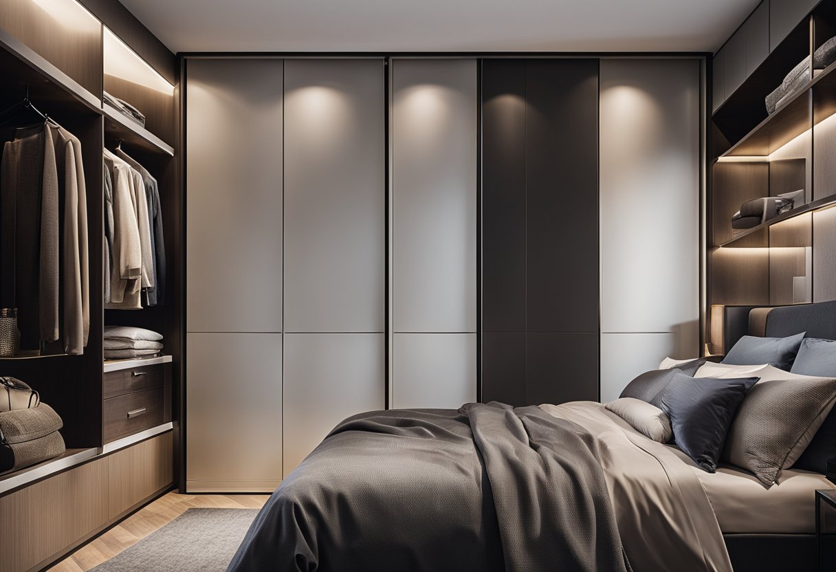 A modern bedroom with a sleek, organized wardrobe featuring sliding doors and adjustable shelving