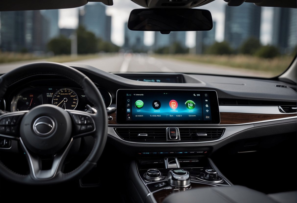A car dashboard with a sleek touchscreen display showing various streaming service options, while the audio system emits crisp sound throughout the vehicle