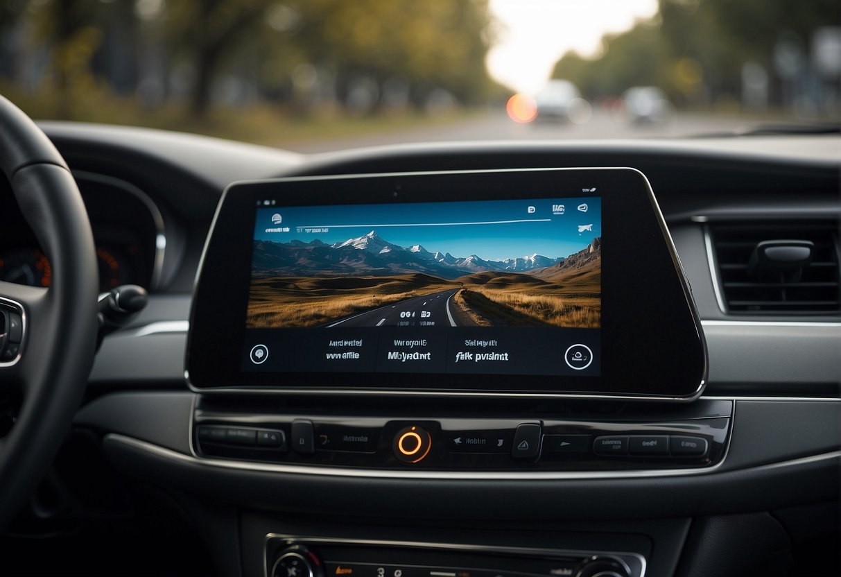 The car's dashboard displays streaming services like Spotify and Netflix integrated into the entertainment system, with options to select music or movies