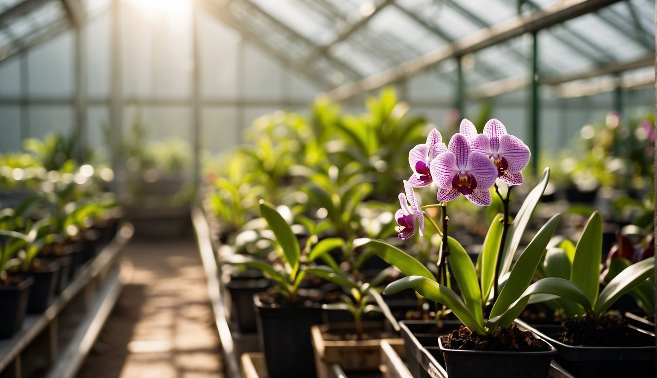 Bright, indirect sunlight filters through a greenhouse window onto rows of lush, green orchid plants. Humidity levels are carefully controlled, and a gentle misting system keeps the air moist. Nutrient-rich soil and a precise watering schedule ensure optimal growing conditions