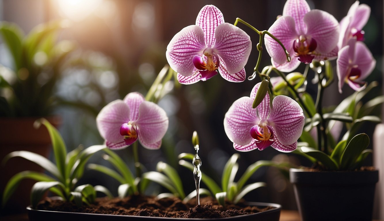 A hand pours water onto potted orchids, while a small scoop of fertilizer is added to the soil