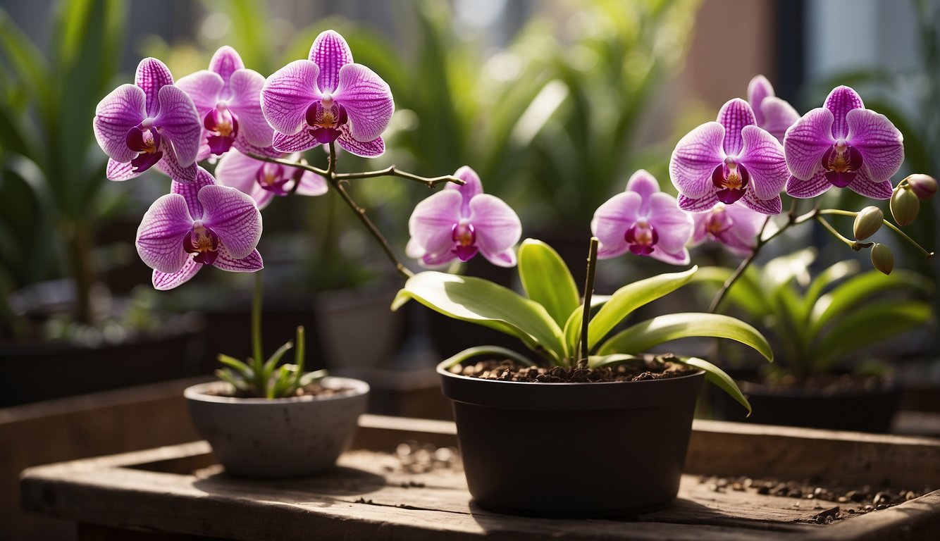 Orchids being gently pruned, watered, and placed in a well-lit area to encourage reblooming
