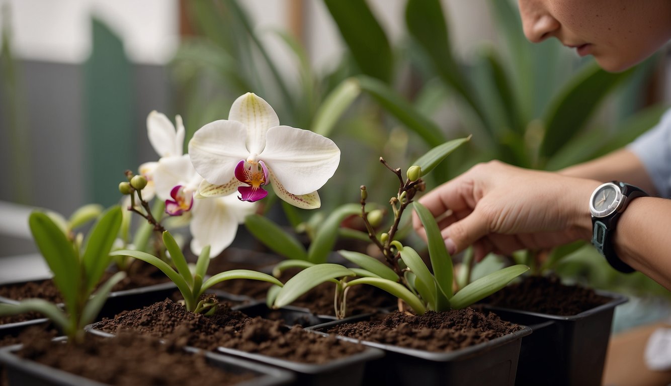 Orchids being carefully repotted with fresh potting mix, their delicate roots gently nestled into the soil, ready to bloom again