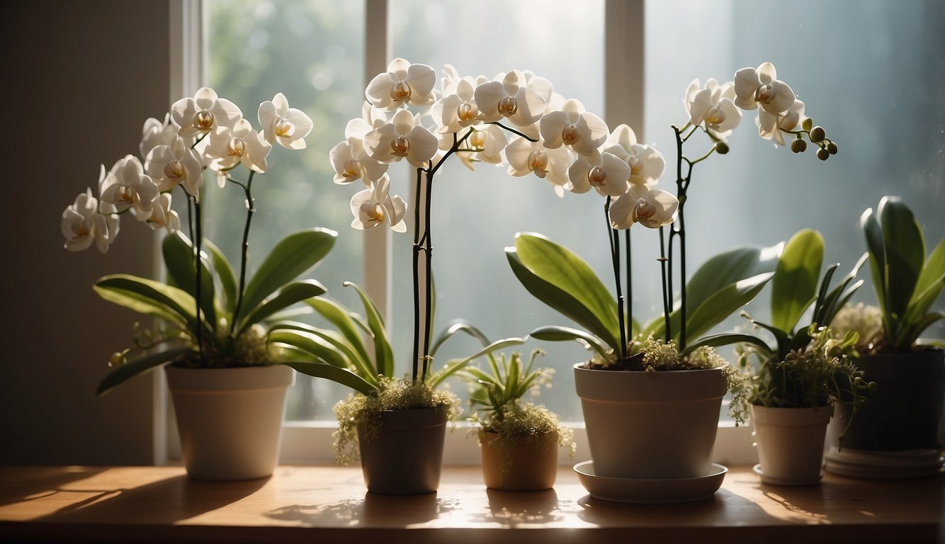 Orchids in a bright, airy room with dappled sunlight, surrounded by mist and plant food, with a small sign reading "Encouraging Rebloom."