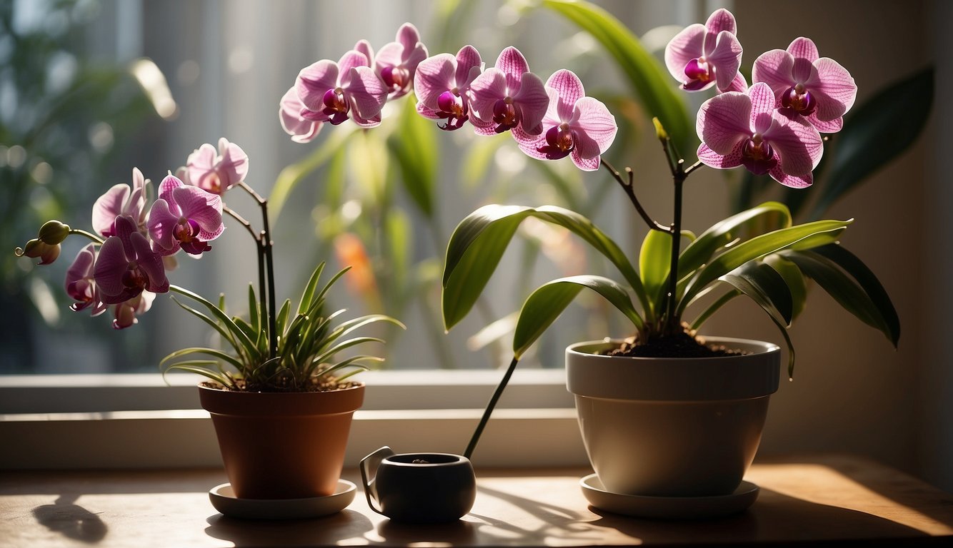 Sunlight streams through a window onto a table with potted orchids. A watering can and fertilizer sit nearby. A humidity tray with pebbles and water is placed beneath the plants