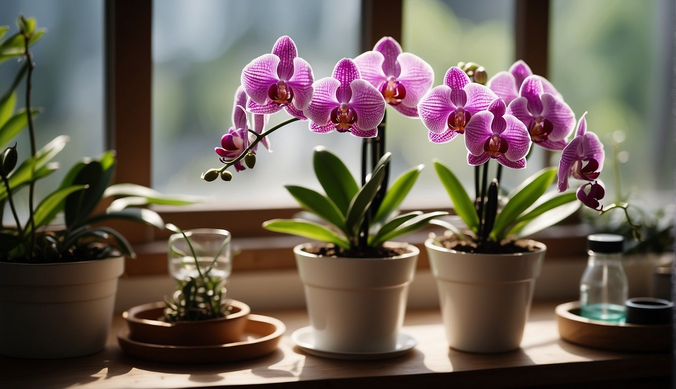 Healthy orchid plant on a sunny windowsill, surrounded by care supplies and a calendar marking watering and fertilizing schedule