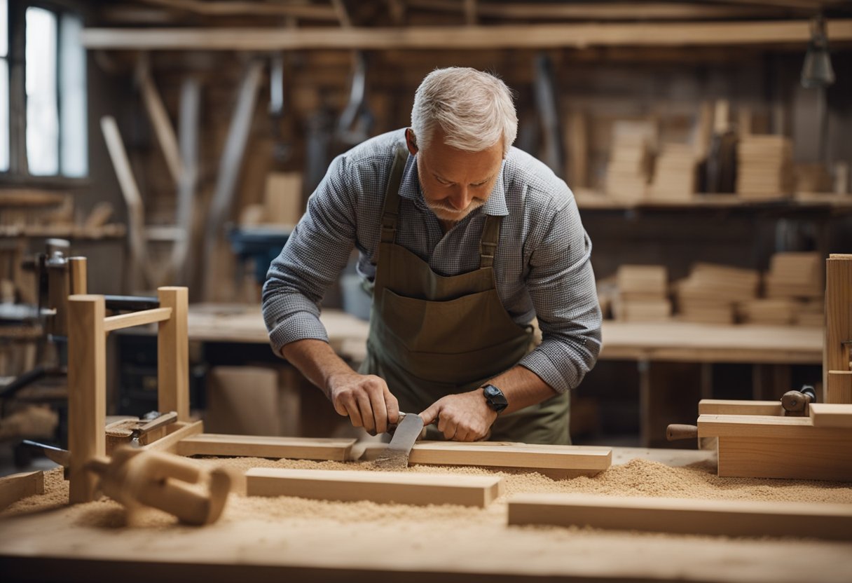 A carpenter constructs a wooden structure in a workshop, surrounded by tools and materials. Sawdust fills the air as the carpenter works diligently