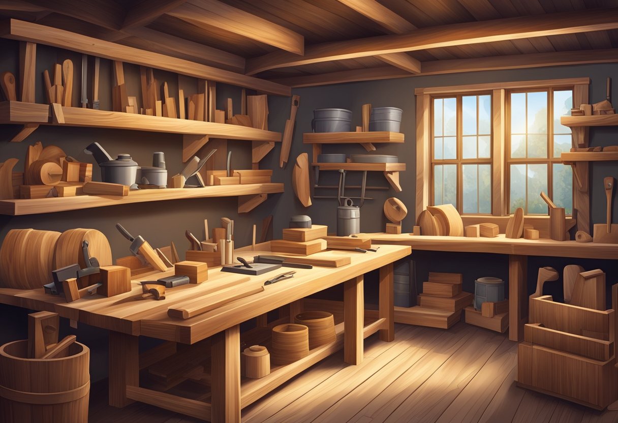 A carpenter's workshop with high-quality tools and finished wood products, showcasing precision and craftsmanship