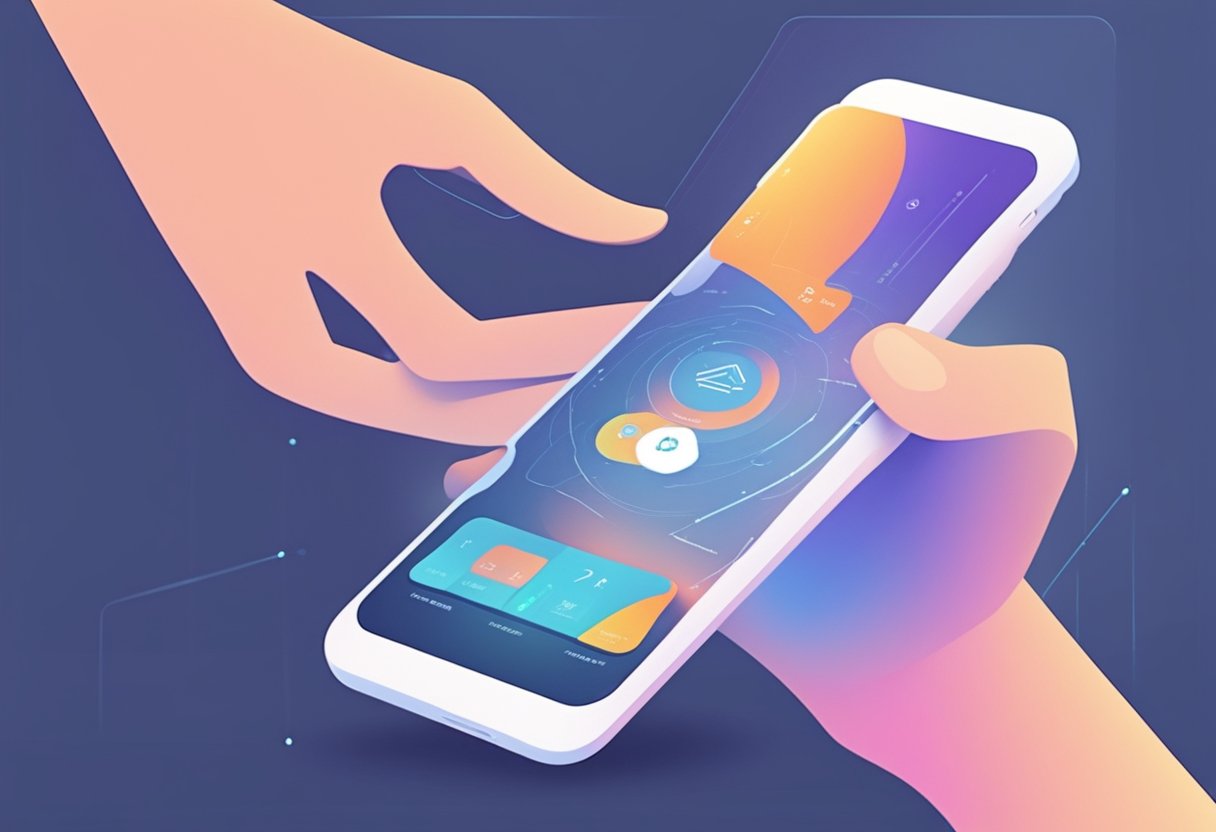 A hand holding a mobile device with a futuristic interface, using gestures to navigate through a sleek and minimalistic UI design