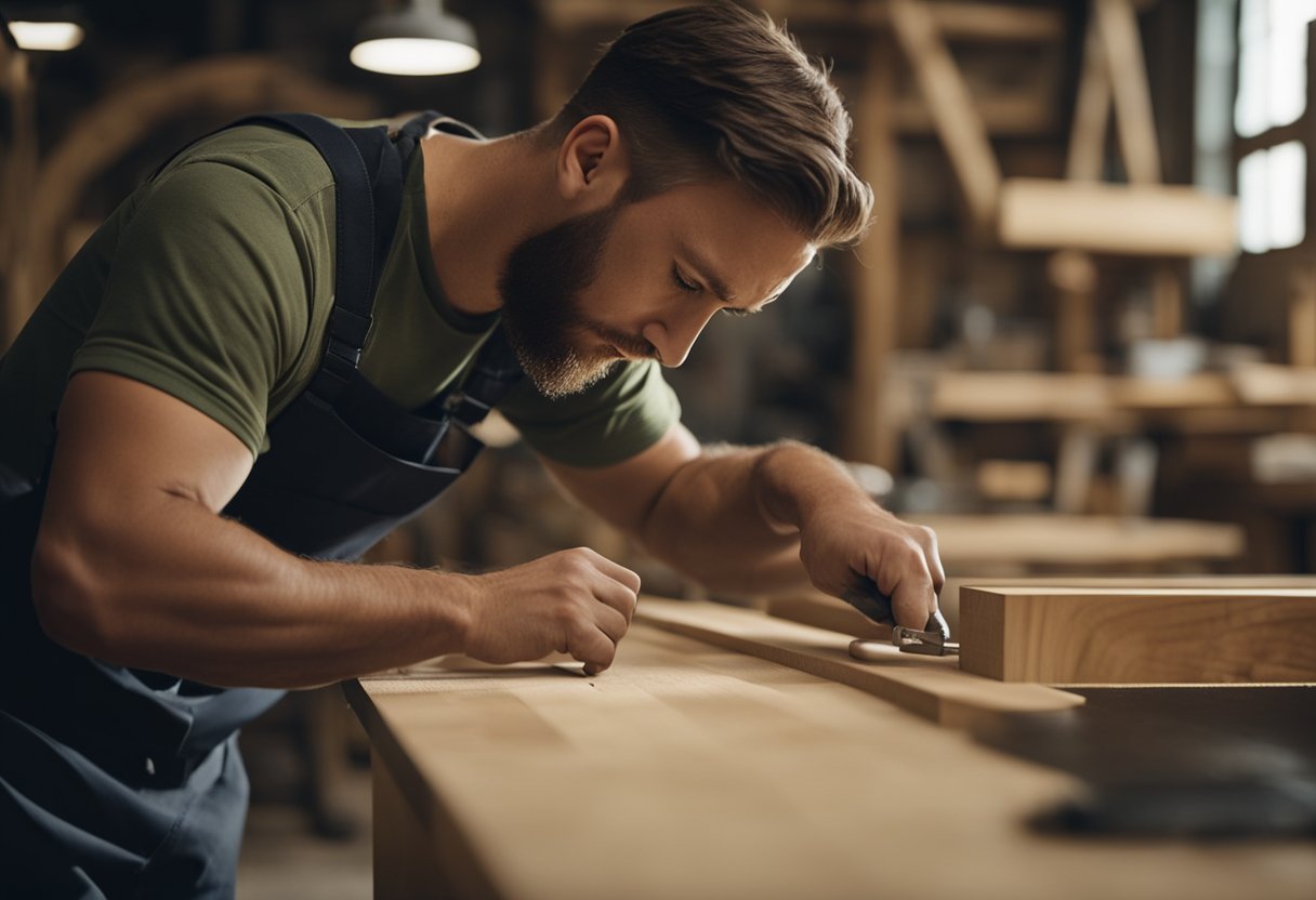 A carpenter meticulously measures and cuts wood for a custom furniture piece in a well-lit workshop