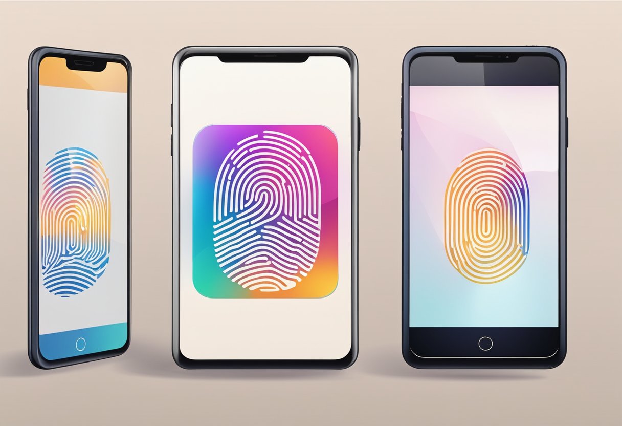 A smartphone screen displays a fingerprint and facial recognition icon, with a seamless and intuitive user interface design