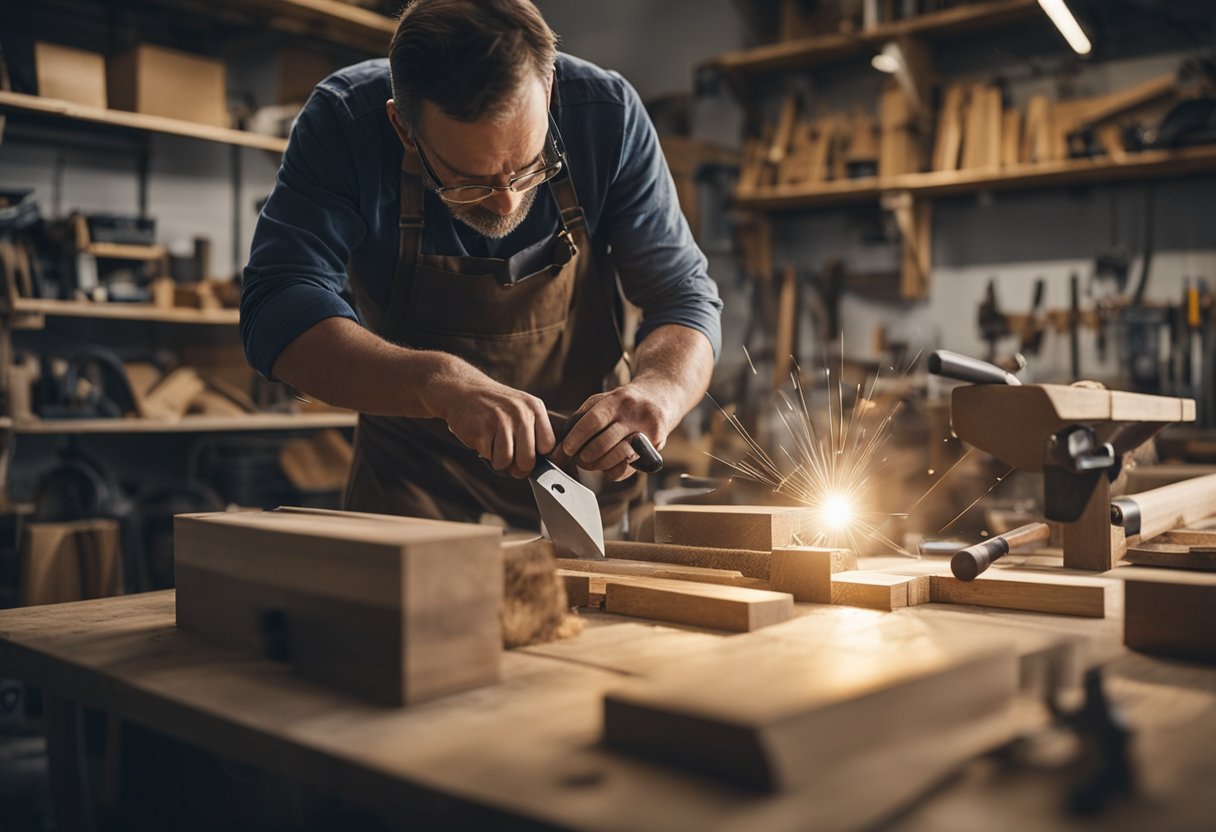 A carpenter meticulously measures and cuts wood, surrounded by various tools and materials in a well-lit workshop