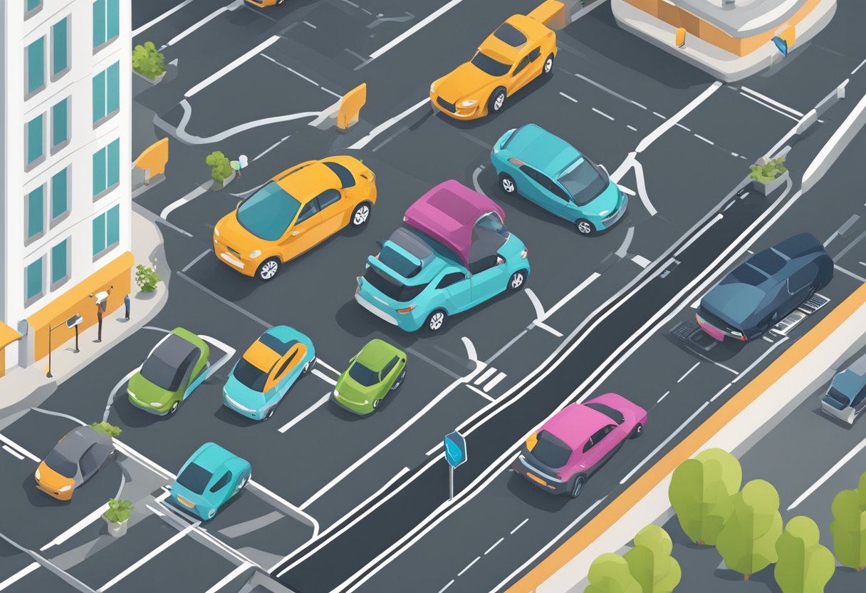 Cars smoothly navigating into designated parking spots with the help of smart parking technology. Sensors and cameras seamlessly guiding vehicles to optimize urban parking