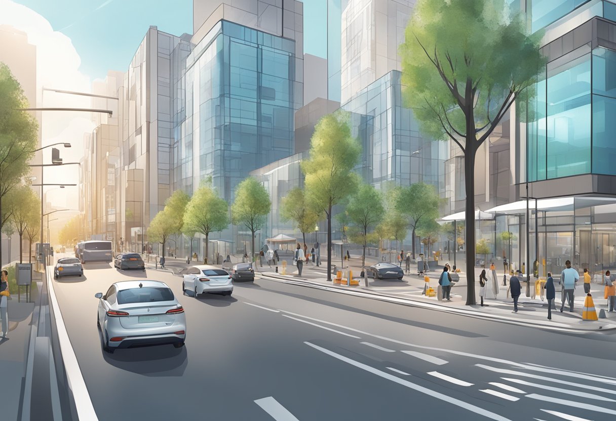 A bustling city street, with cars smoothly entering and exiting smart parking spaces. Sensors and cameras monitor availability, while digital signs guide drivers to open spots
