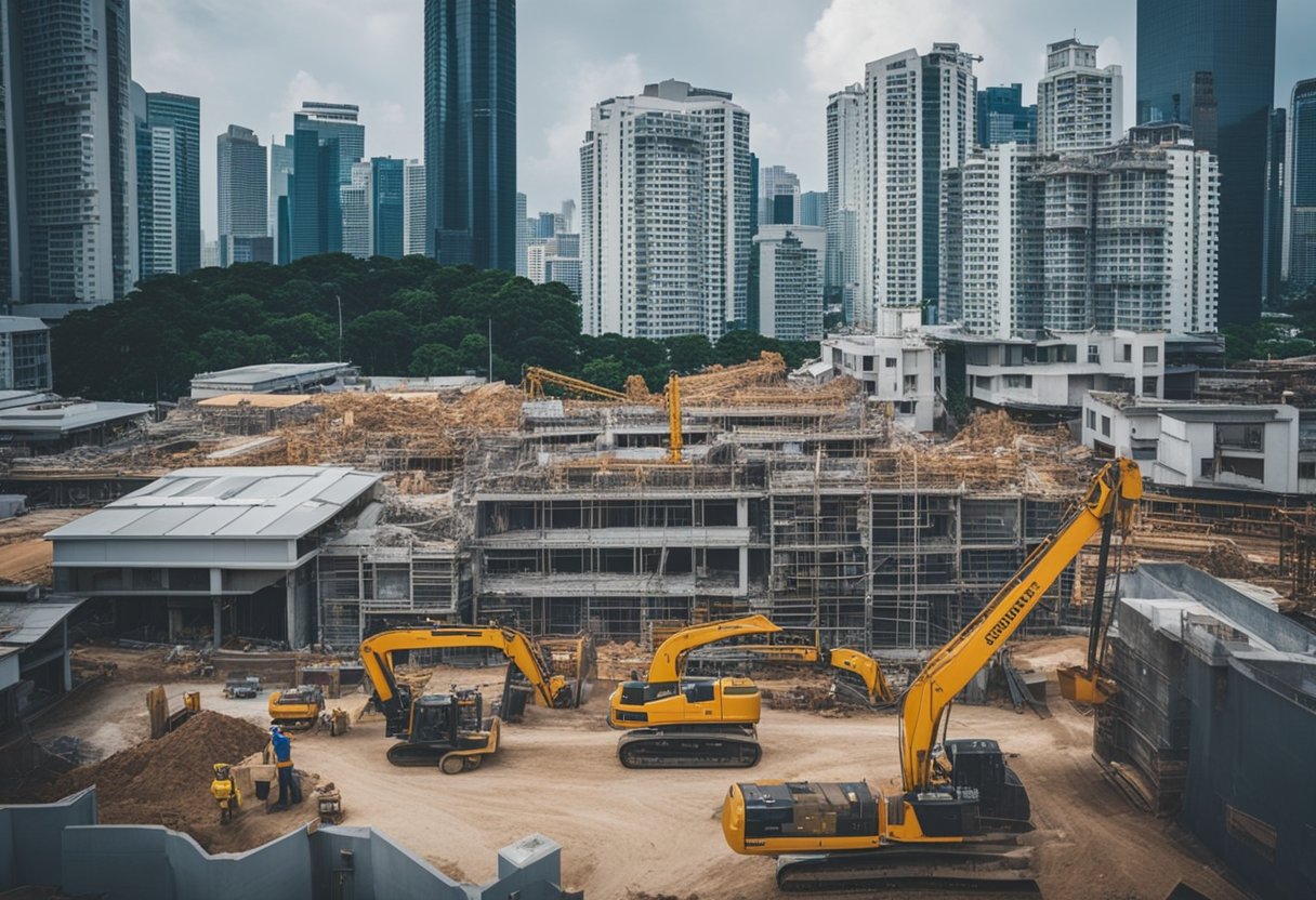 A bustling construction site with workers and machinery, surrounded by a mix of residential and commercial buildings in Singapore