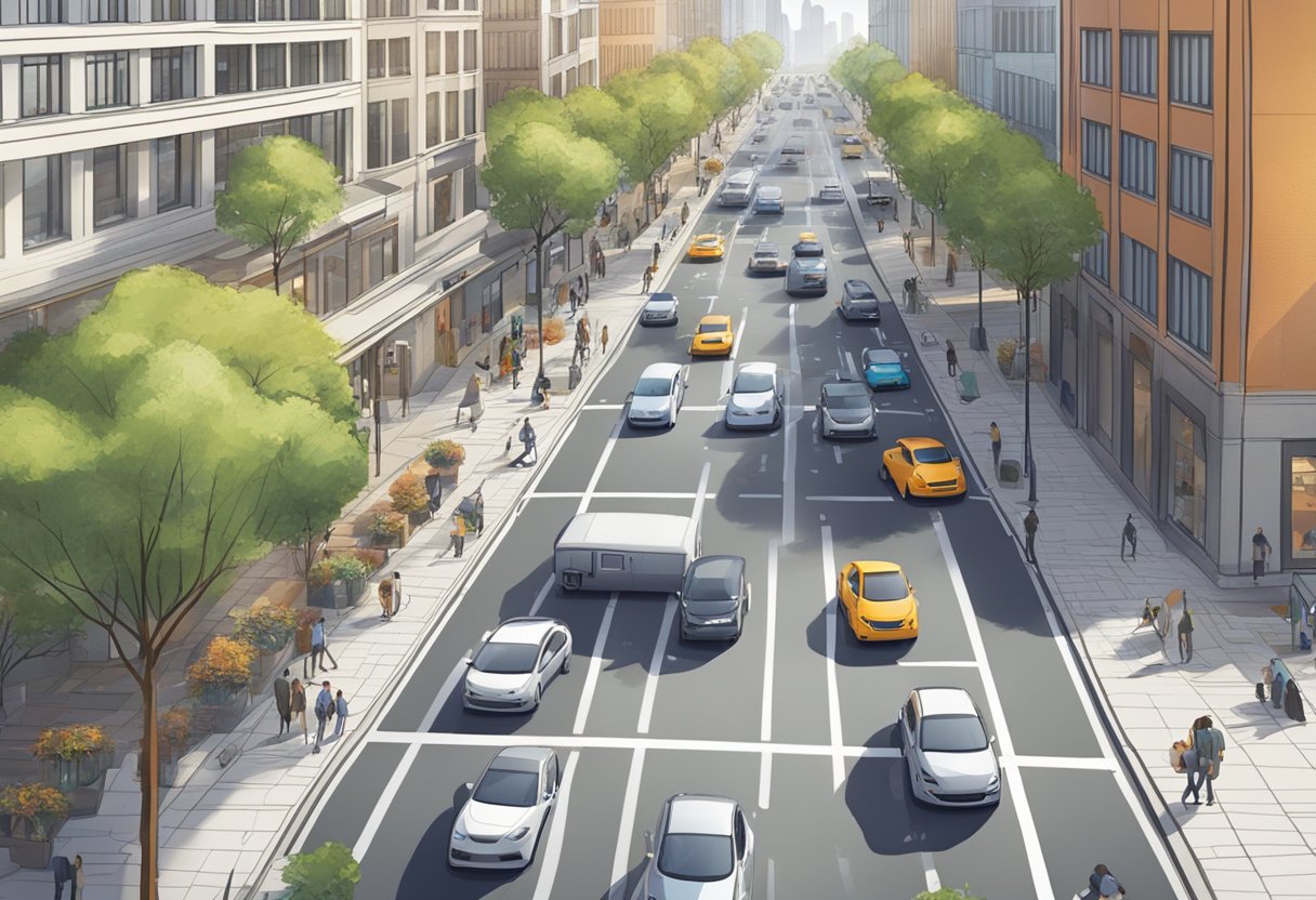 A bustling city street with cars seamlessly navigating into designated smart parking spots, guided by sensors and connected through a central technology hub