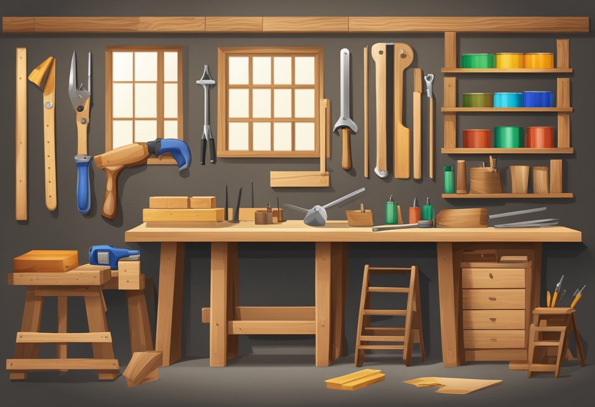 A carpenter's workshop with various tools and materials, a price list on the wall, and a calculator on the workbench