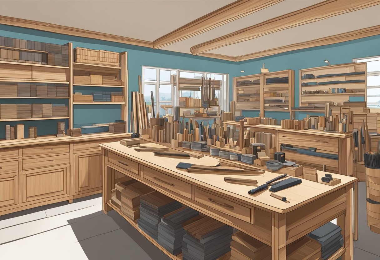 Busy showrooms display fine woodwork. In workspaces, tools and materials are neatly organized