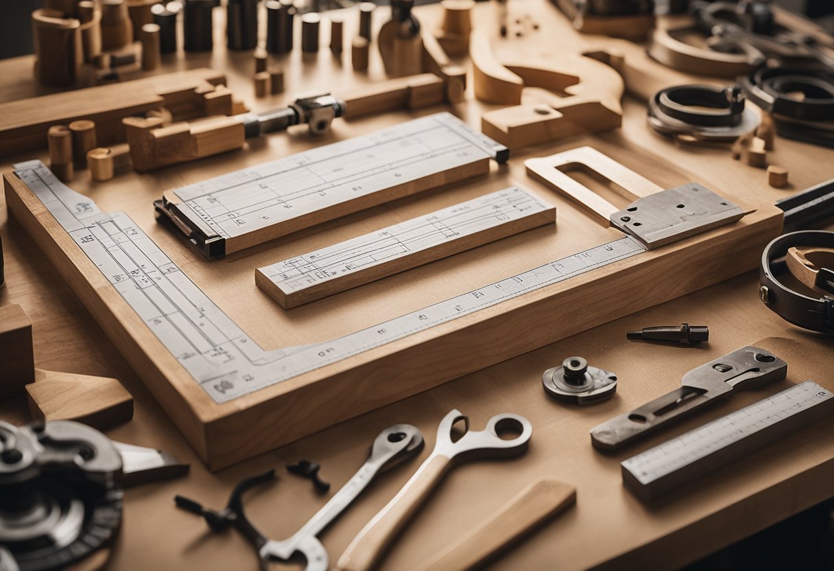 Carpentry tools and materials laid out in an organized workspace, with a blueprint and measurements visible. A carpenter is seen working on a project, using precision tools and techniques