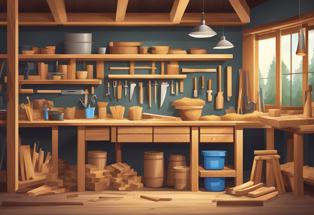 A carpenter's workshop with various tools and wood materials neatly organized on the workbench and shelves. Sawdust and wood shavings cover the floor