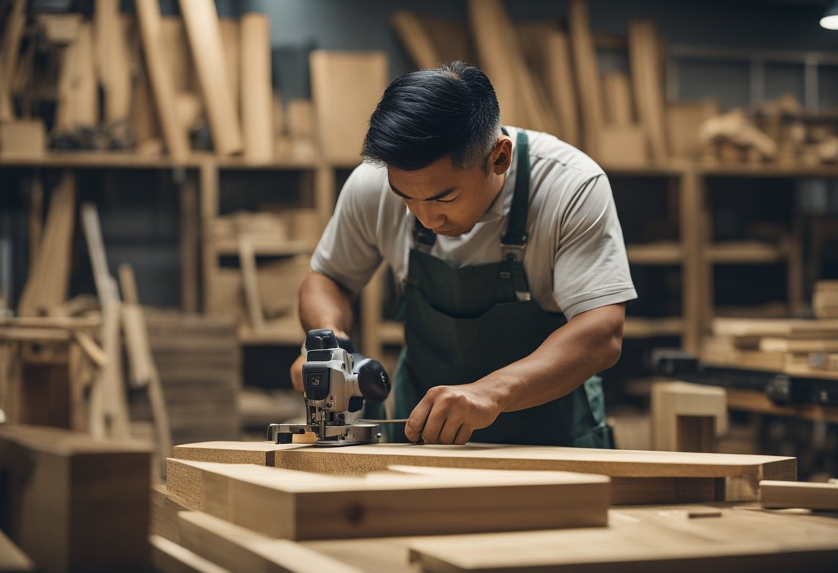A carpenter carefully measures and cuts wood in a workshop, surrounded by various tools and materials. The sound of sawing and hammering fills the air as the carpenter navigates the Singapore Carpentry Industry