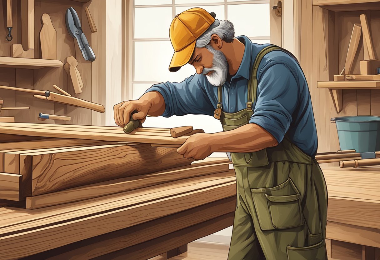 A carpenter meticulously crafting wood with precision tools