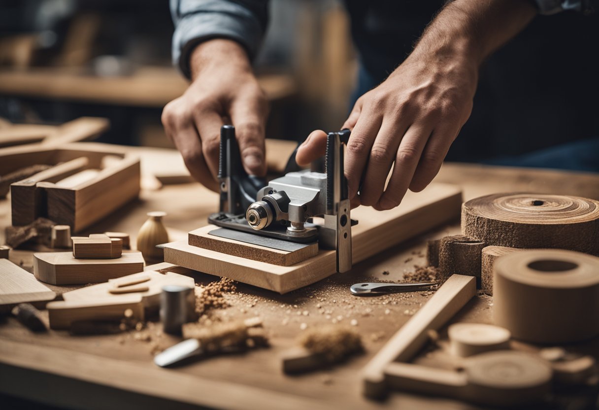 A carpenter working on a wooden project with various tools and materials scattered around the workshop