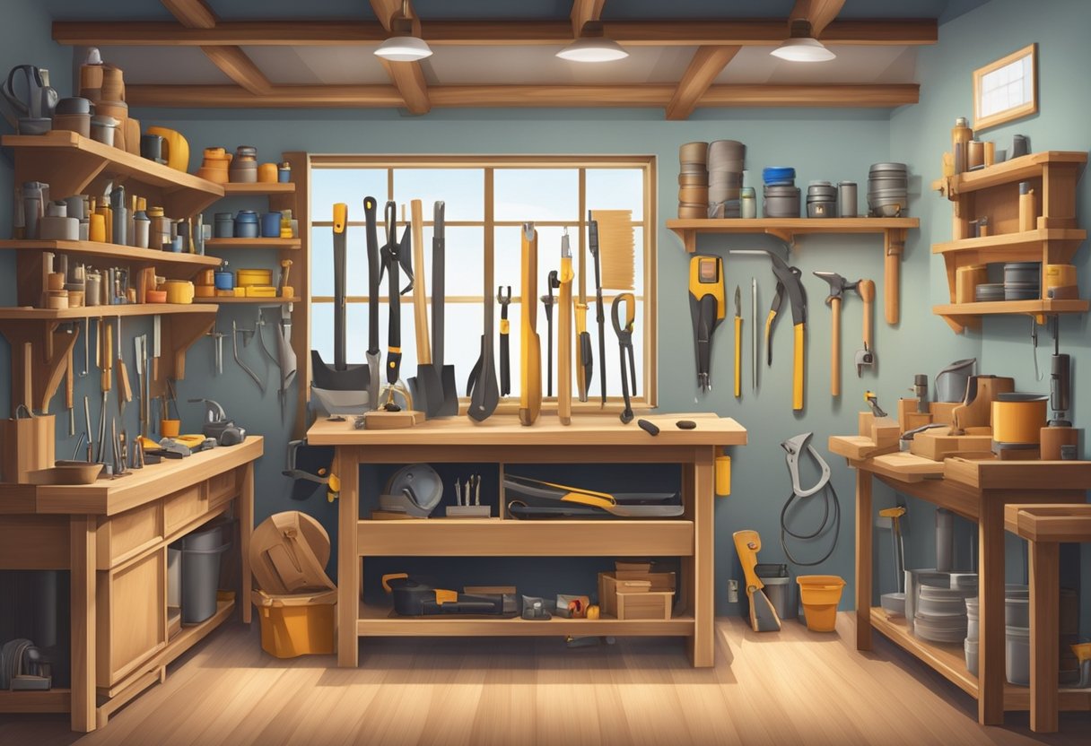 A carpenter's workshop with tools and equipment neatly organized on shelves and workbenches. A sign on the wall reads "Additional Services and Features - Best Carpenter in Singapore."