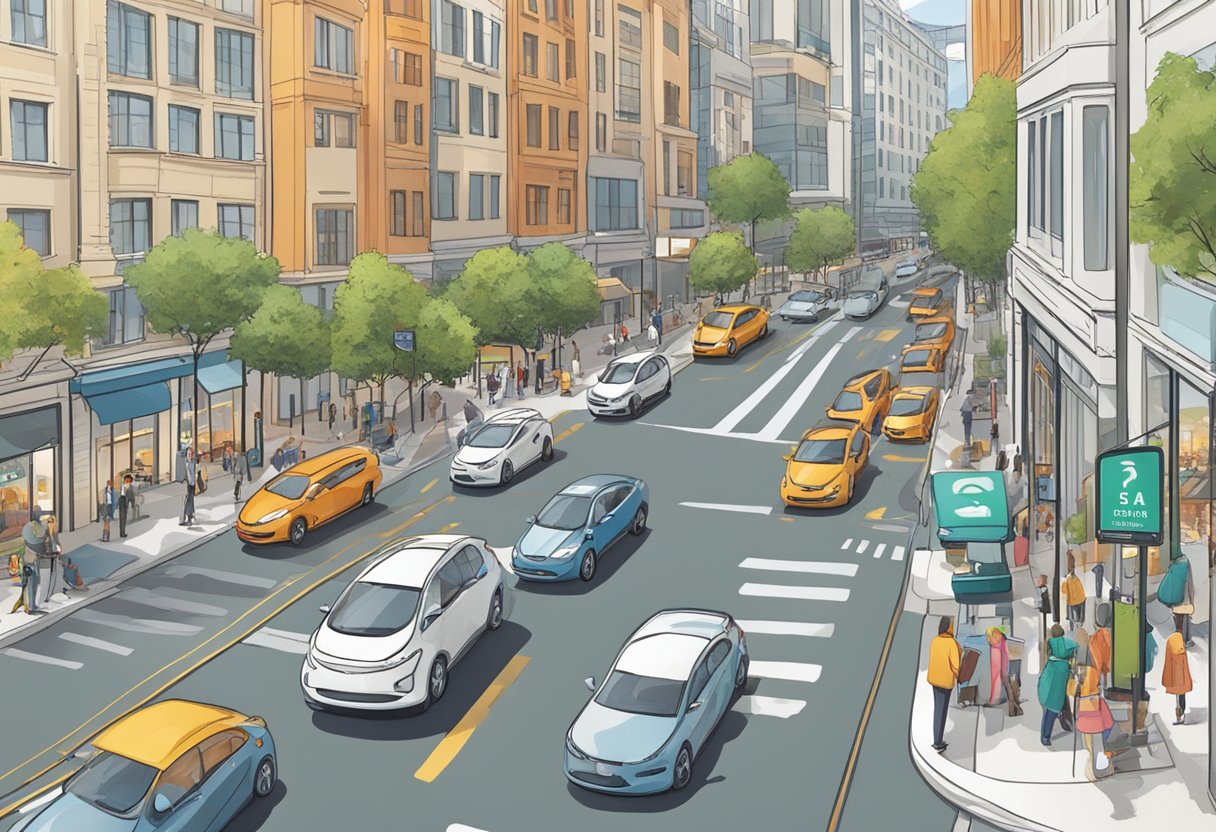 A bustling city street with smart parking technology reducing congestion, as vehicles seamlessly navigate to available parking spots