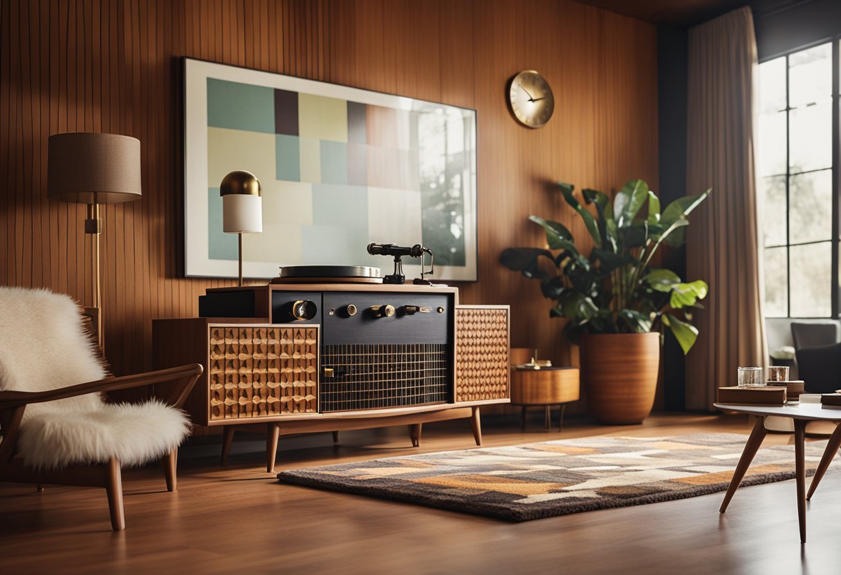 A mid-century living room with sleek furniture, clean lines, and geometric patterns. A sunburst clock hangs on the wall, and a shag rug covers the hardwood floor. A record player sits on a teak sideboard