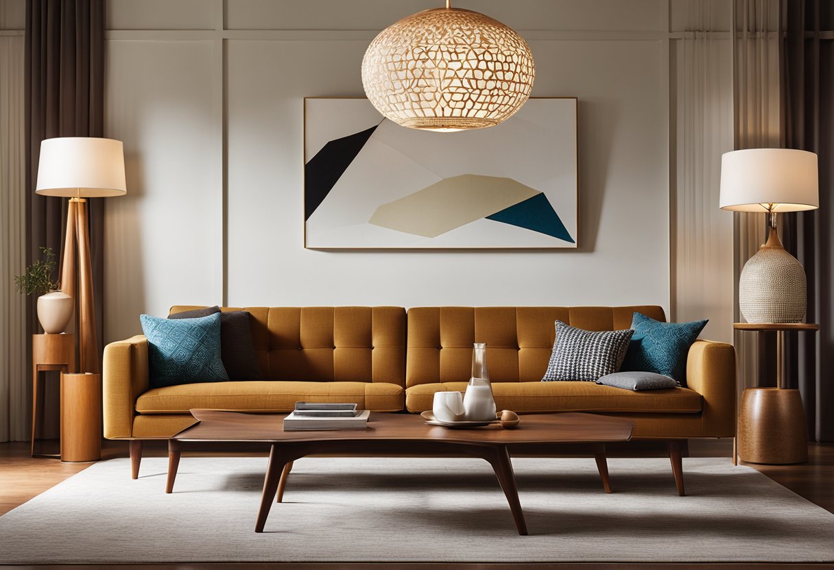 A mid-century living room with a sleek, minimalist sofa, teak coffee table, and a statement lighting fixture. The room features geometric patterns, bold colors, and natural materials, exuding a sense of modernity and sophistication