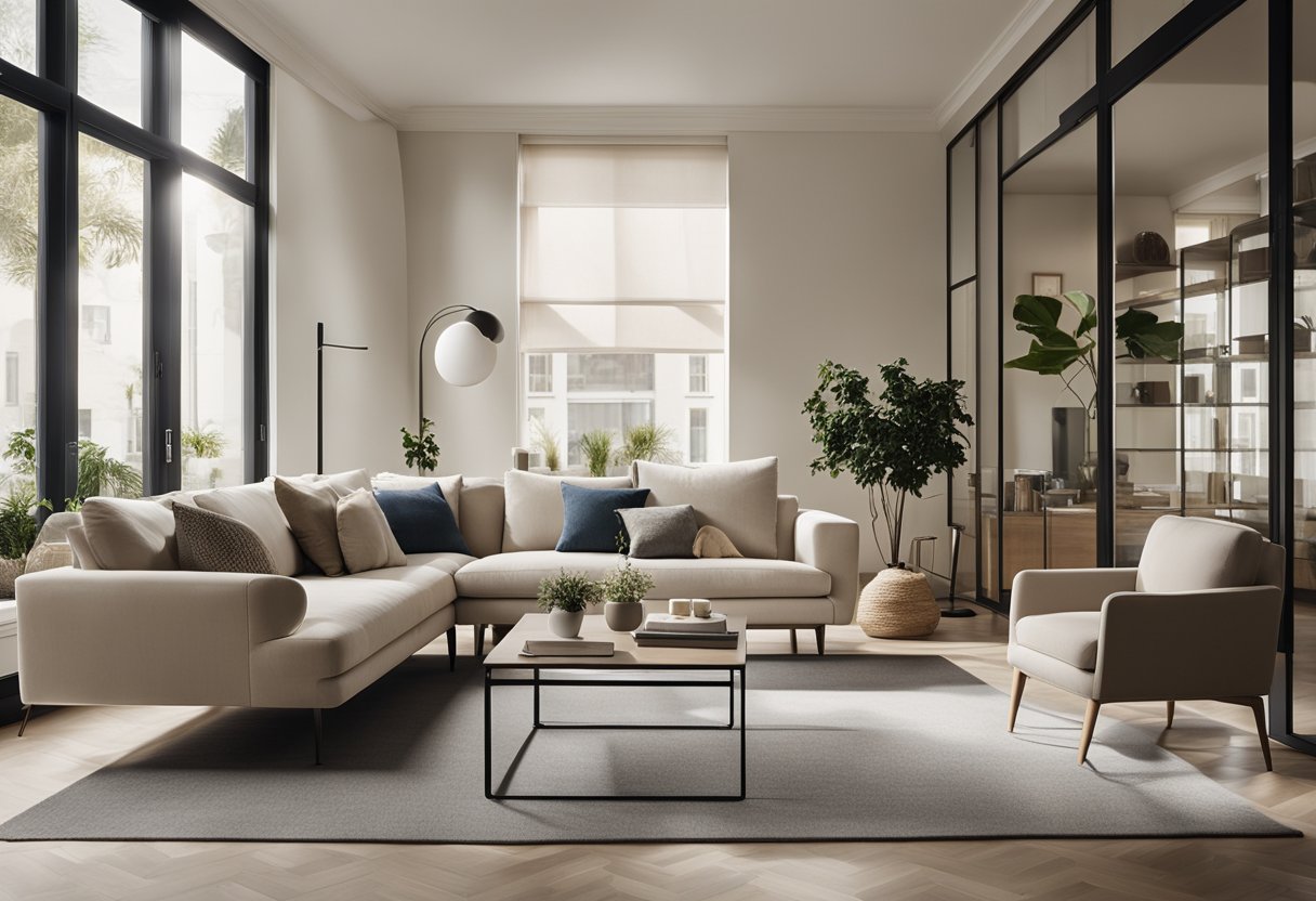 A sleek, open-plan living room with clean lines, iconic furniture, and a neutral color palette. Large windows flood the space with natural light, highlighting the minimalist decor and retro accents