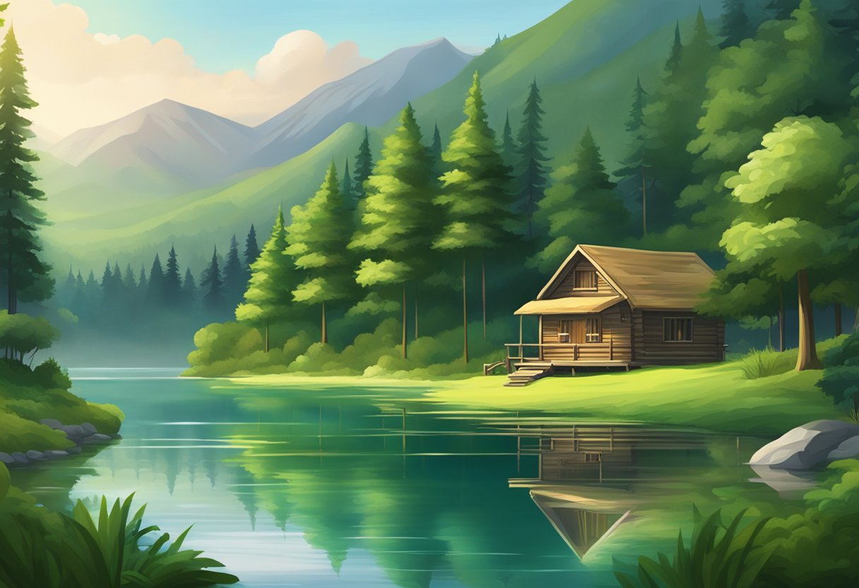 Lush green forest with a serene lake, surrounded by mountains. A cozy cabin nestled among the trees, with no digital devices in sight
