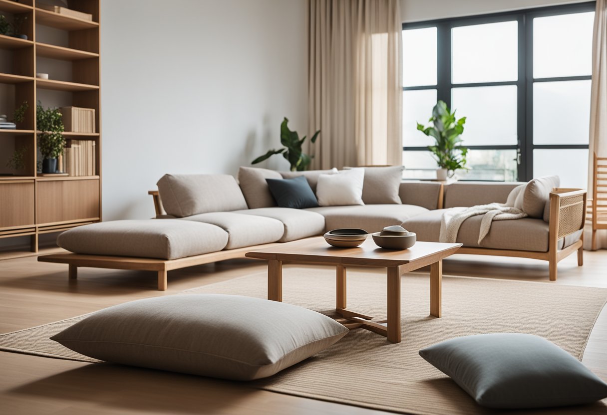A minimalist living room with clean lines, natural materials, and a neutral color palette. A low-slung wooden table surrounded by floor cushions. Shoji screens filter soft natural light