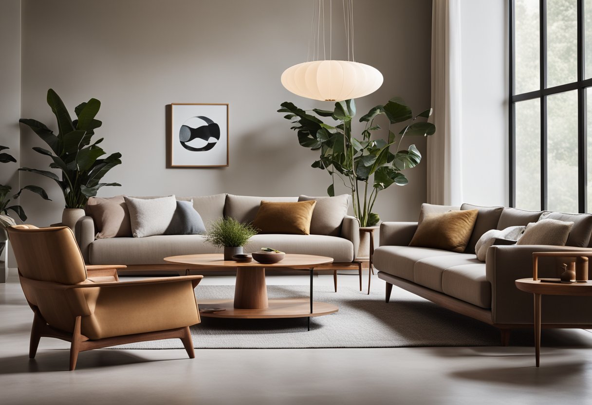 A minimalist living room with clean lines, organic shapes, and a mix of natural and man-made materials. A sleek sofa, a teak coffee table, and a statement lighting fixture complete the mid-century modern aesthetic
