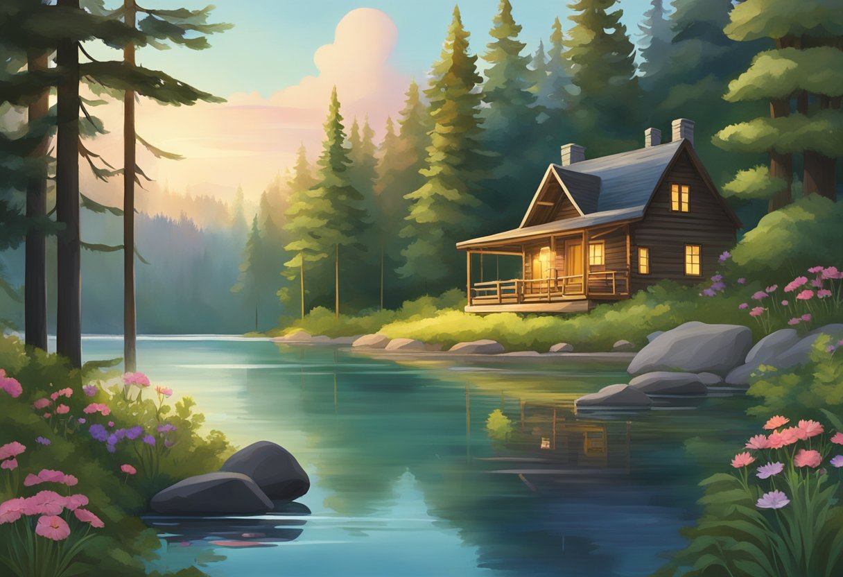 A serene forest clearing with a cozy cabin and a tranquil lake, surrounded by lush greenery and vibrant wildflowers. A sign reads "Digital Detox Retreat" with a peaceful atmosphere for mental health rejuvenation