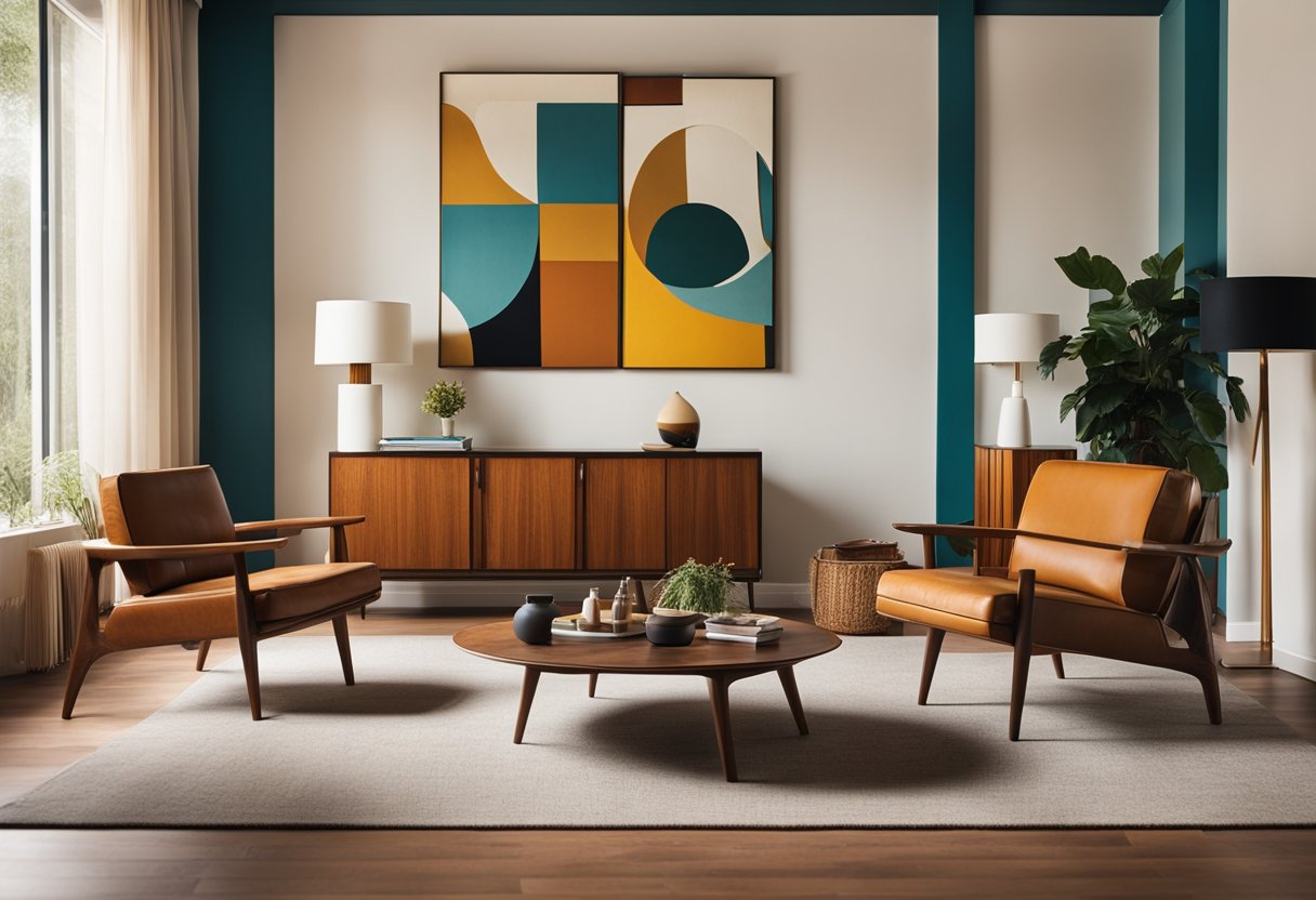 A mid-century interior with clean lines, organic shapes, and bold colors. Furniture is sleek and minimal, with a mix of natural materials like wood and leather. Geometric patterns and abstract art adorn the walls