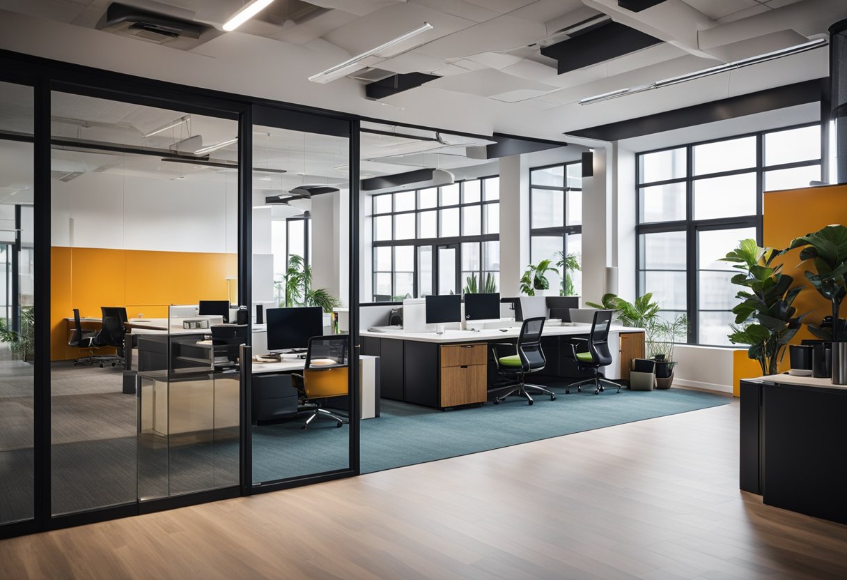 A modern office space with sleek furniture and vibrant accent colors. Clean lines and open layout create a welcoming environment