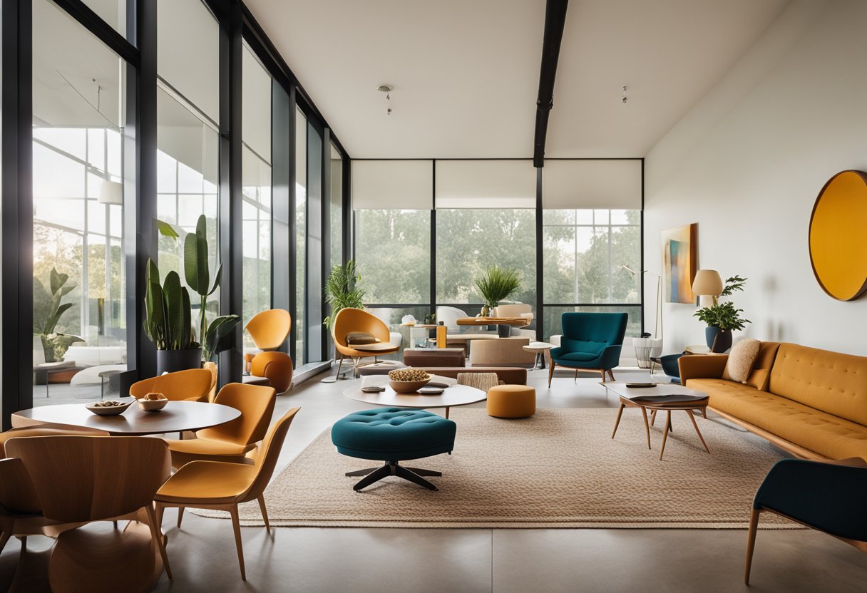 A mid-century modern interior with clean lines, organic shapes, and bold colors. Furniture is sleek and minimalistic, with geometric patterns and natural materials. Large windows bring in natural light, while abstract art and iconic lighting fixtures add a touch of sophistication