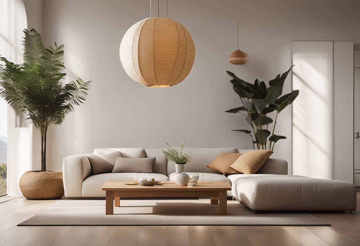 A minimalist living room with natural materials, clean lines, and neutral colors. A low wooden table with floor cushions and a large paper lantern hanging from the ceiling