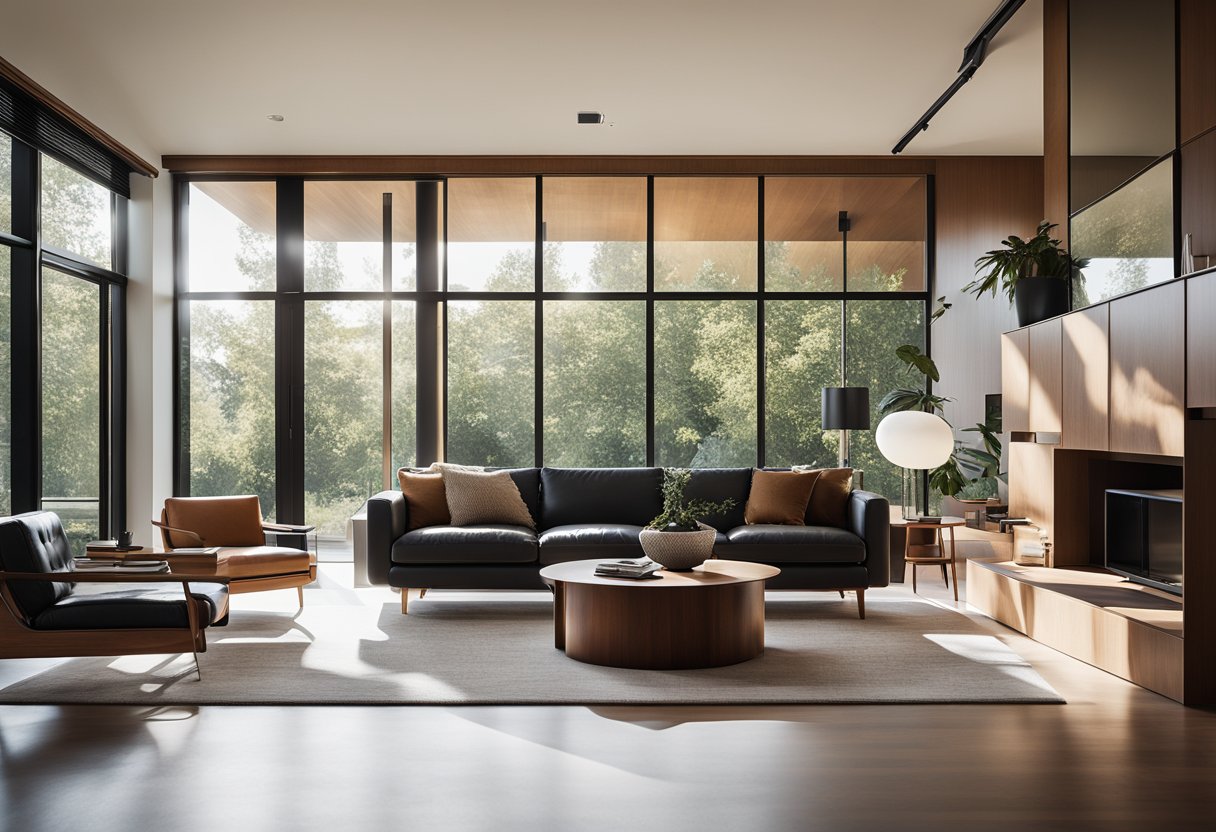 A sleek, minimalist living room with clean lines, organic shapes, and a mix of wood, metal, and leather furniture. Large windows let in natural light, highlighting the iconic mid-century modern design elements