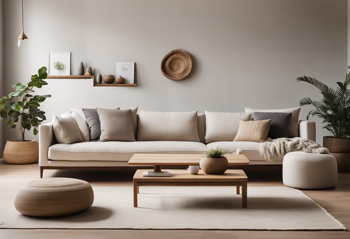A minimalist living room with clean lines, natural materials, and a neutral color palette. A low-slung sofa, a wooden coffee table, and floor cushions create a cozy and serene atmosphere