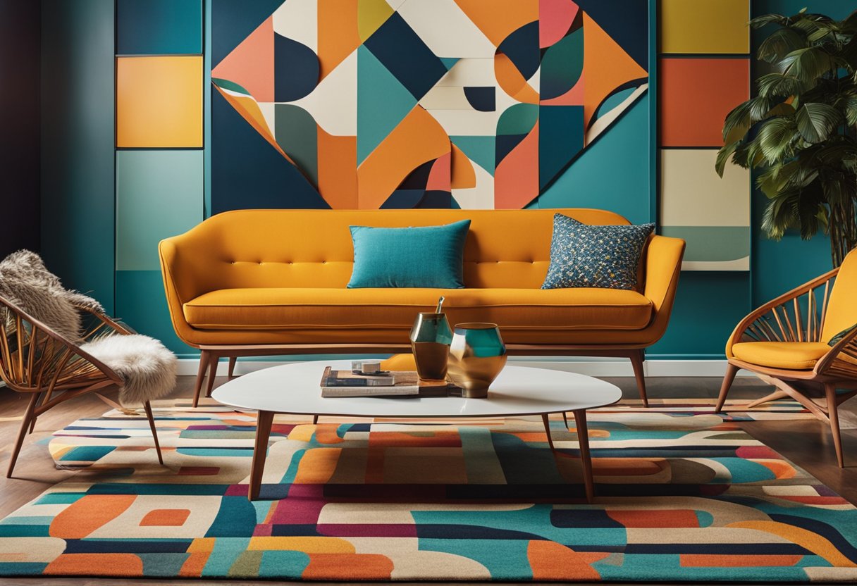 Vibrant colors and geometric patterns adorn the sleek furniture and clean lines of a mid-century modern living room. A bold, abstract rug anchors the space, while a retro-inspired armchair adds a pop of personality