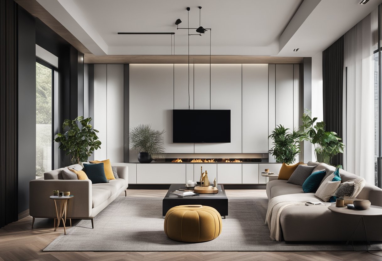 A modern, sleek interior with clean lines and vibrant pops of color. A mix of contemporary and traditional elements creates a timeless and inviting space