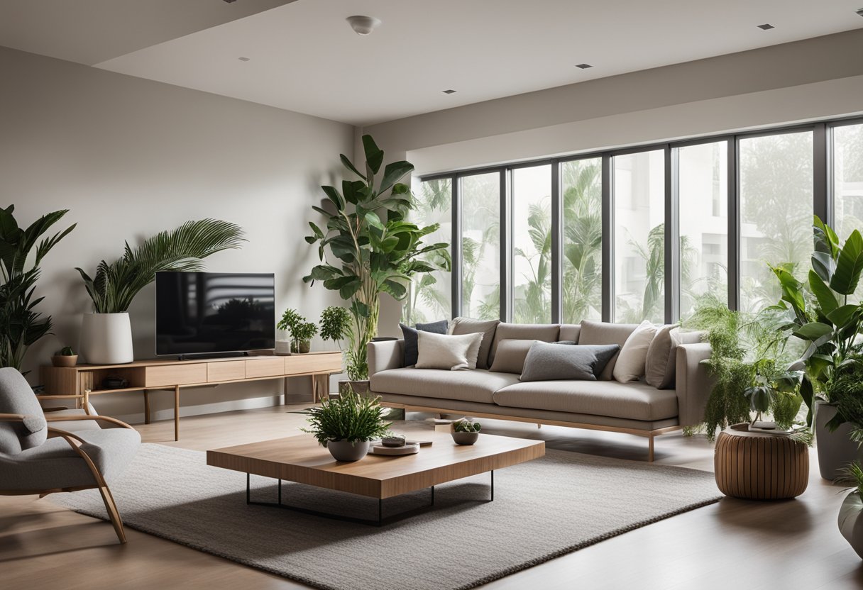 A modern living room with sleek furniture and a neutral color palette. Large windows let in natural light, and indoor plants add a touch of greenery