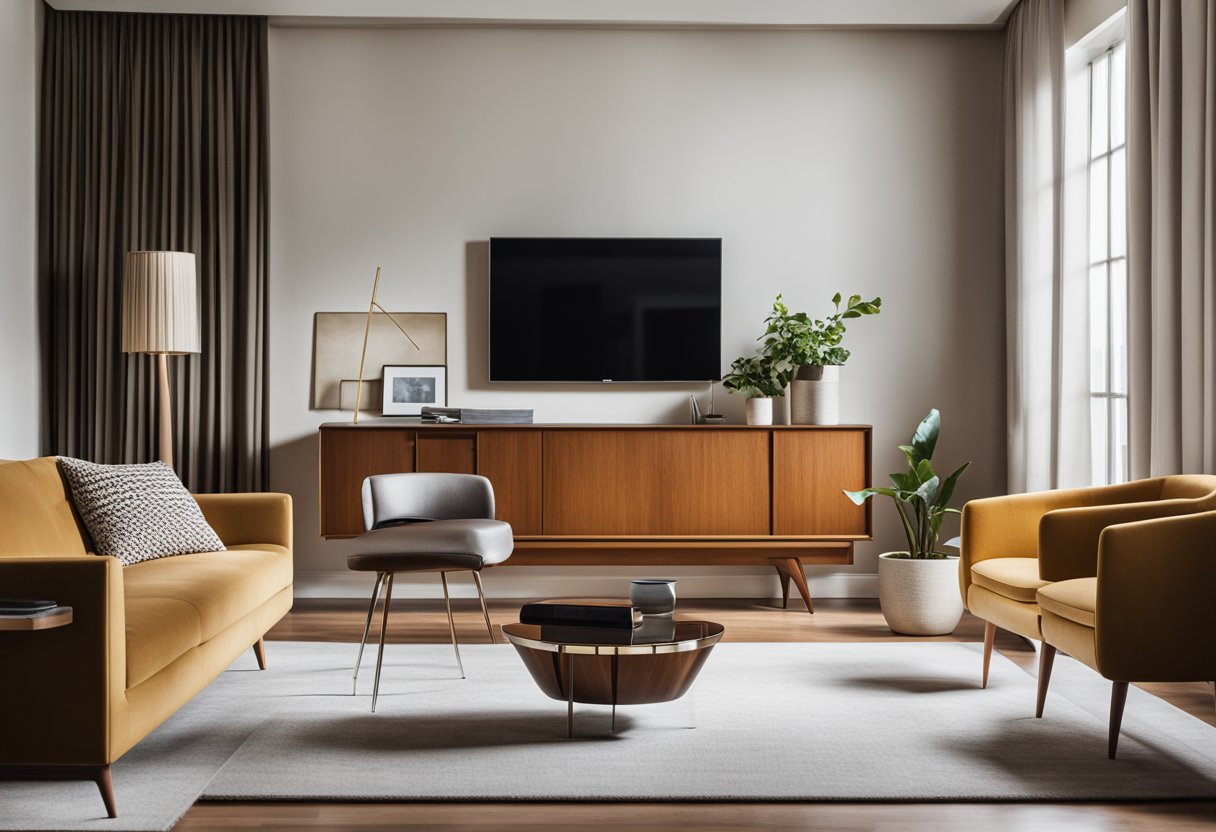 A sleek mid-century living room with modern elements: clean lines, minimalist furniture, and pops of bold color against a neutral backdrop