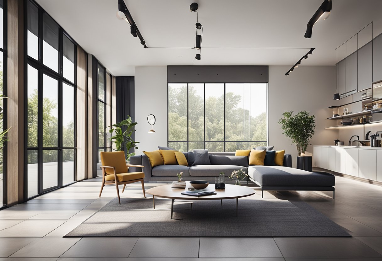 A modern, sleek interior with clean lines, minimalist furniture, and pops of color. The space is filled with natural light and features innovative design elements