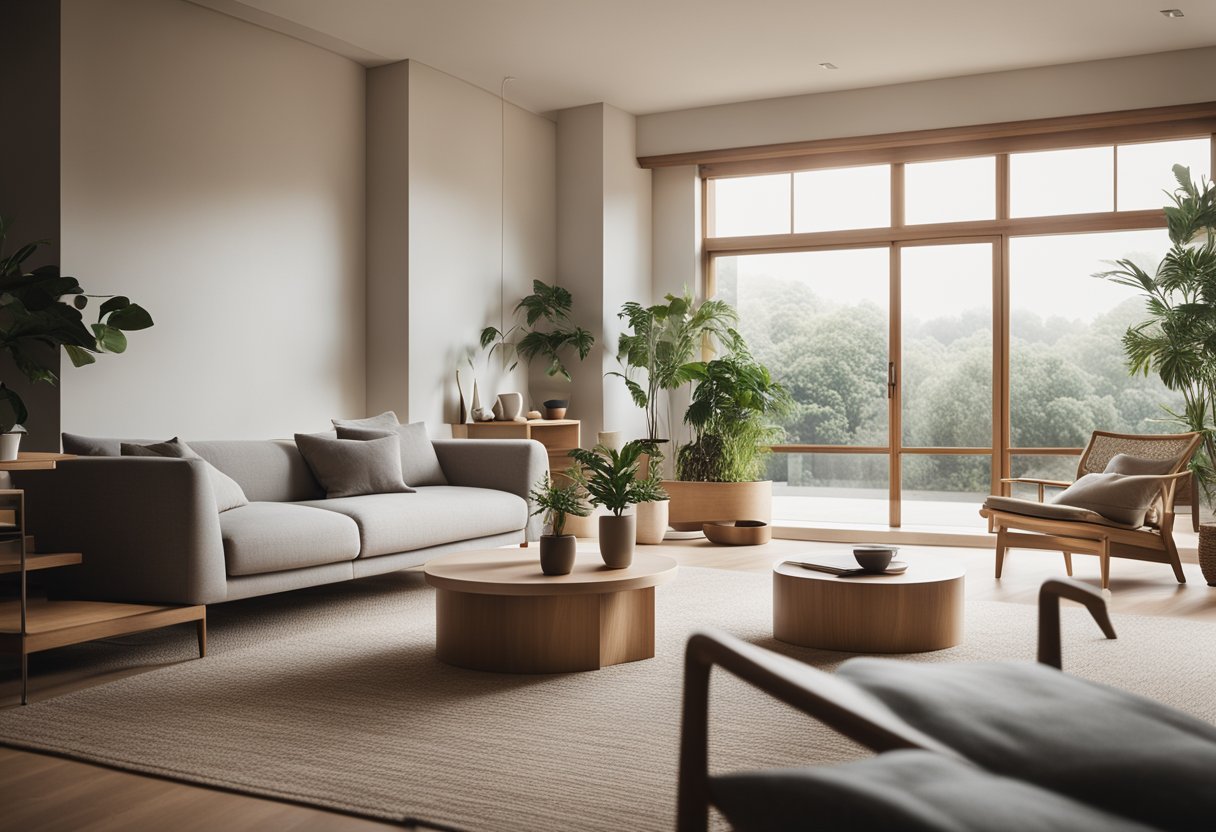 A serene living room with minimal furniture, natural materials, and soft lighting. A balance of Japanese and Scandinavian aesthetics creates a calm and cozy atmosphere